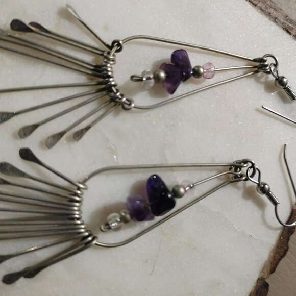 Long Vintage Silver Dangle Earrings Purple  Amethyst  Pearl Beads Fringe - Picture 7 of 9